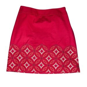 Vintage 90s Talbots A-Line Skirt Embroidered Geometric Hem Knee Length Red 14